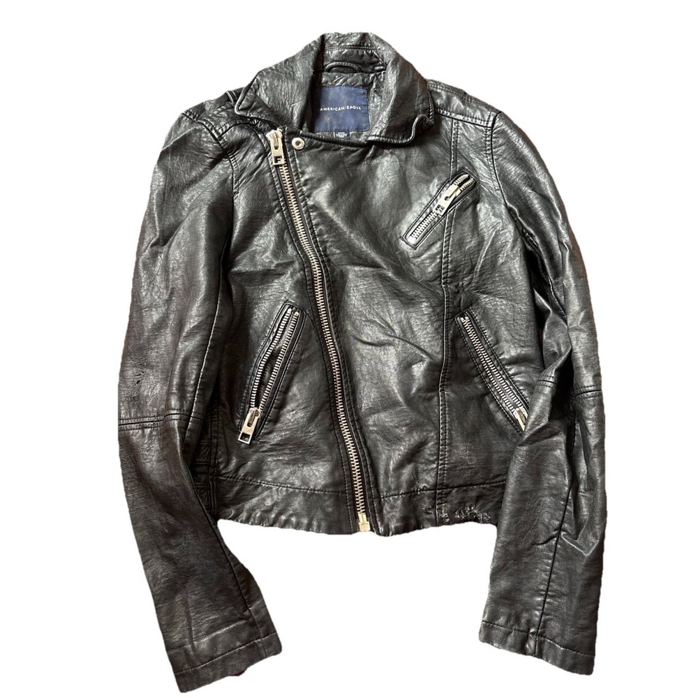 American Eagle Moto Jacket Leather Women's Black Offset Zipper Size Small